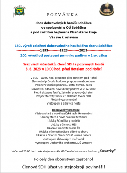 Pozvánka na oslavy 130. výročí založení SHD Soběšice a 100. výročí od postavení pomníku padlým v 1. světové válce 1
